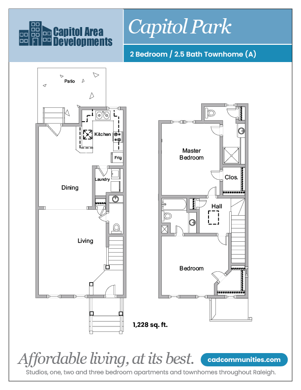 Floor plan for 2 beds, 2.5 baths, 1228 sqft